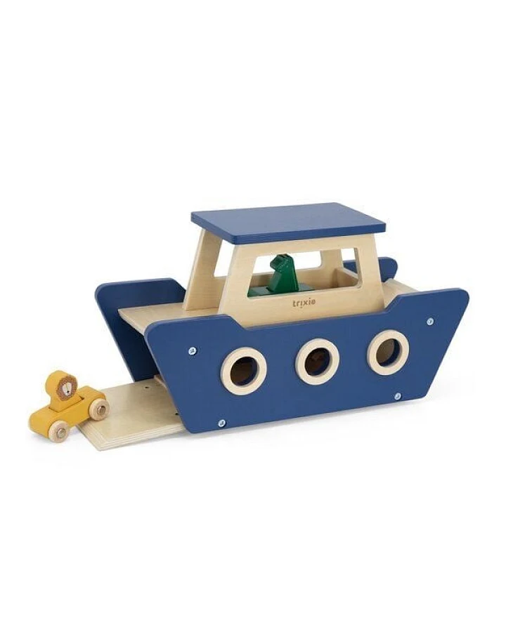 Trixie – WOODEN FERRYBOAT – Holzfähre – Holzboot - Holzschiff mit Autos und Tierfiguren