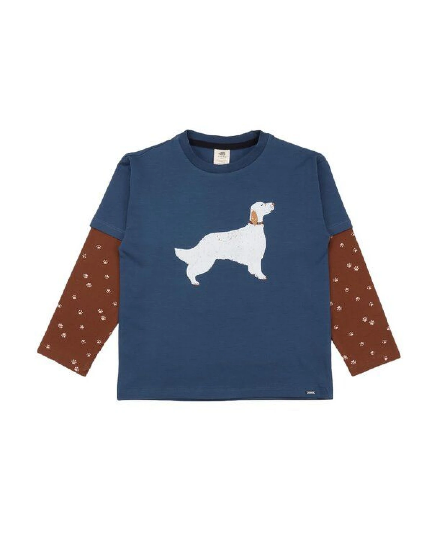 Kinder Langarmshirt GOTS zertifiziert Bio-Baumwolle, Blau, Hunde-Motiv, gemusterte Ärmel, Walkiddy – Ansicht 2