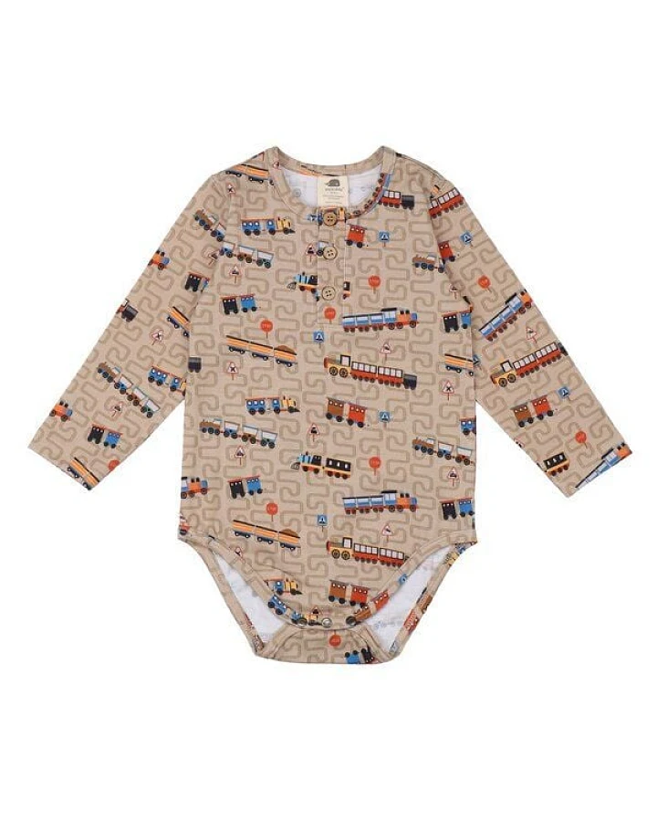 Walkiddy Tiny Trains Body in Braun, GOTS-Zertifizierter Bio-Baumwollstrampler mit Zugmotiv