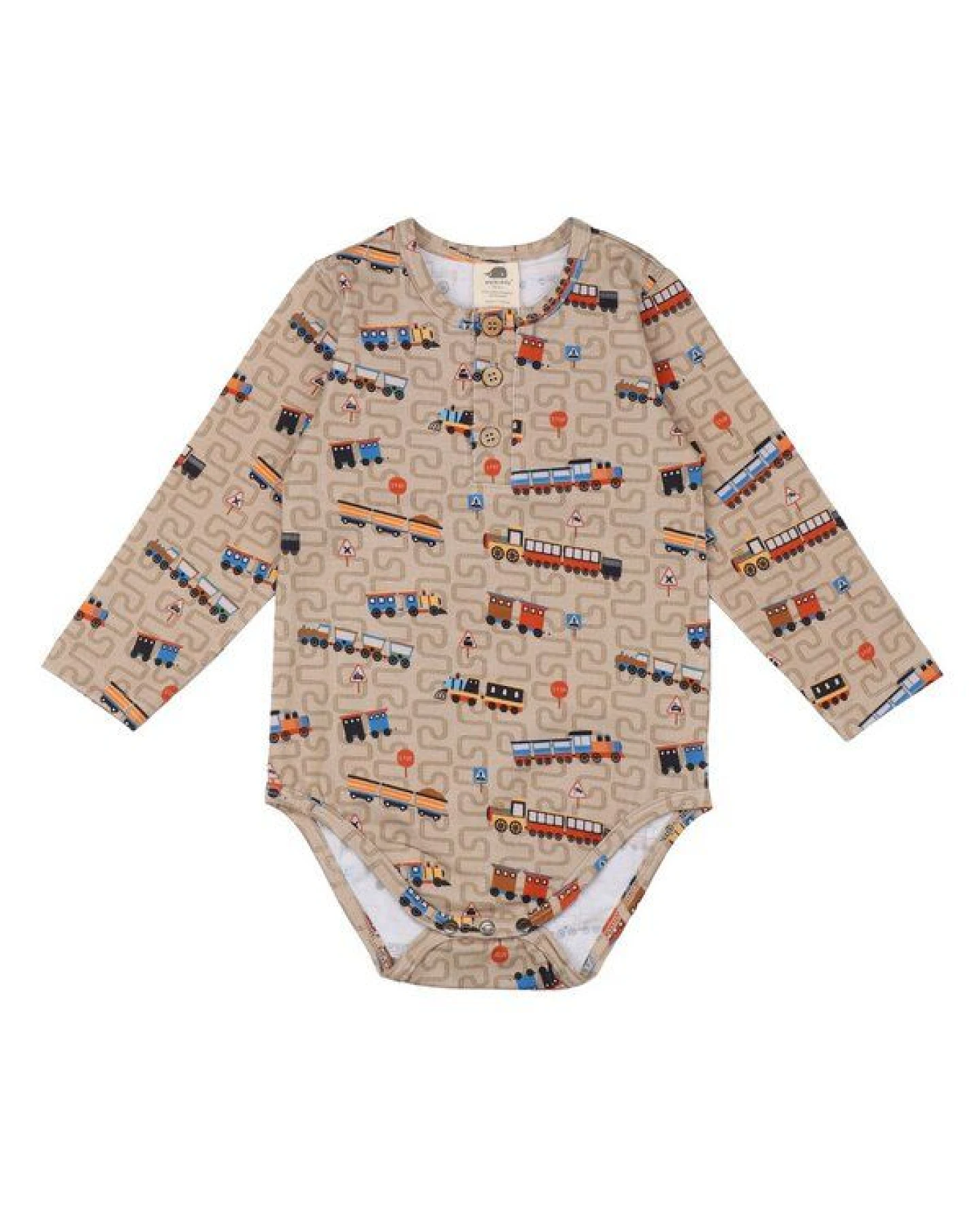 Walkiddy Tiny Trains Body in Braun, GOTS-Zertifizierter Bio-Baumwollstrampler mit Zugmotiv – Ansicht 2