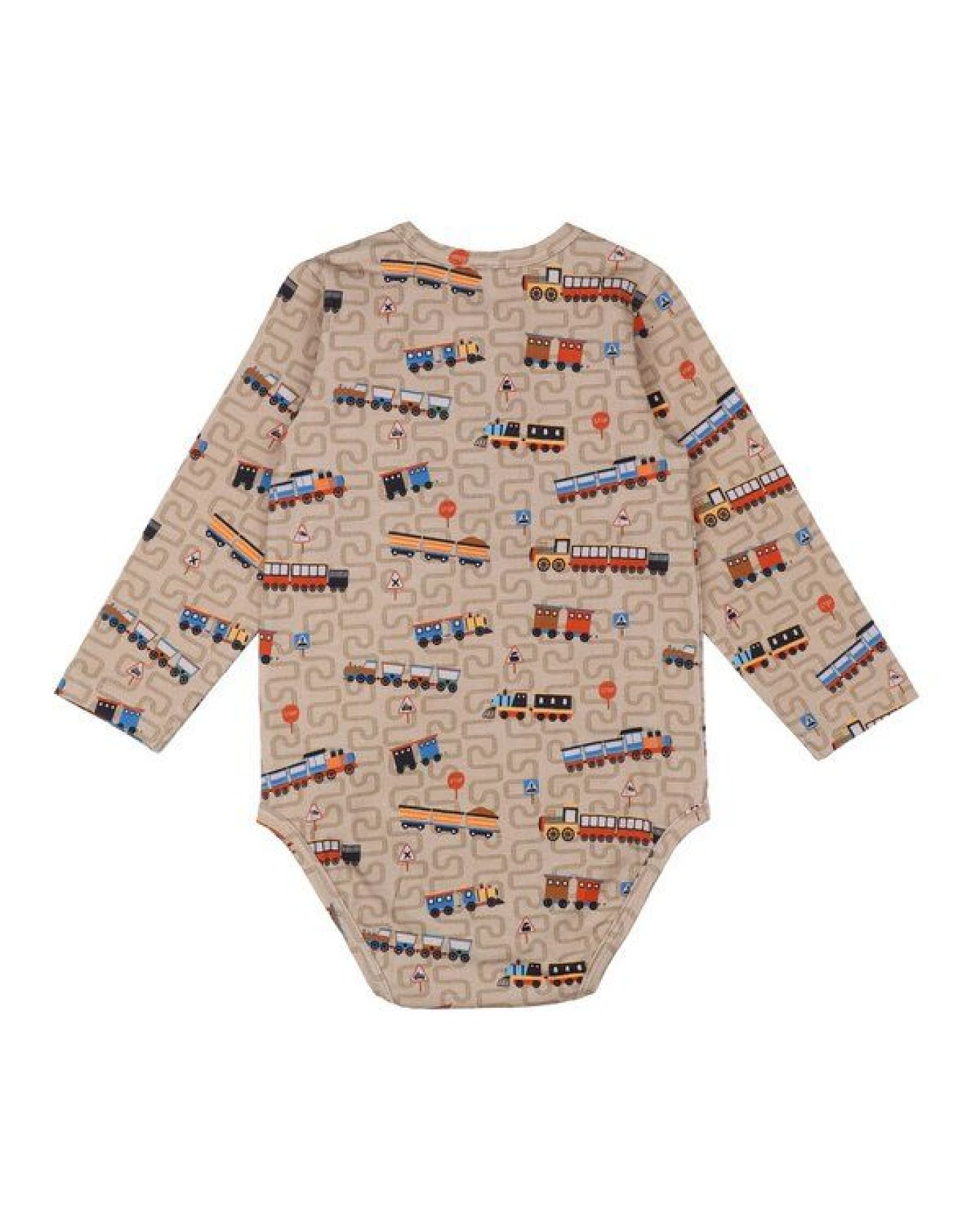 Walkiddy Tiny Trains Body in Braun, GOTS-Zertifizierter Bio-Baumwollstrampler mit Zugmotiv – Ansicht 3