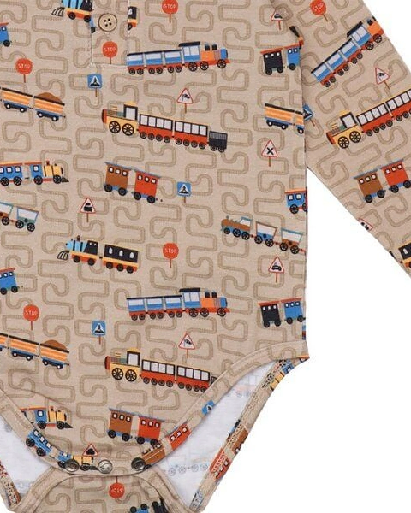Walkiddy Tiny Trains Body in Braun, GOTS-Zertifizierter Bio-Baumwollstrampler mit Zugmotiv – Ansicht 4