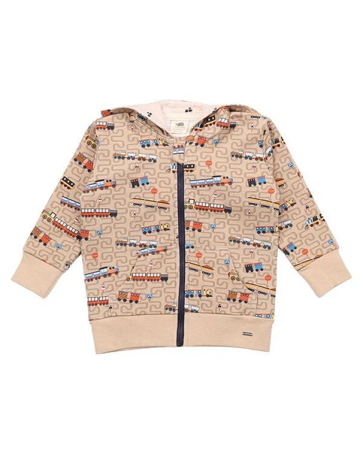 Kinder Sweatjacke GOTS zertifiziert, braun, Zug-Allover „Tiny Trains“, Reißverschluss, weich – Walkiddy