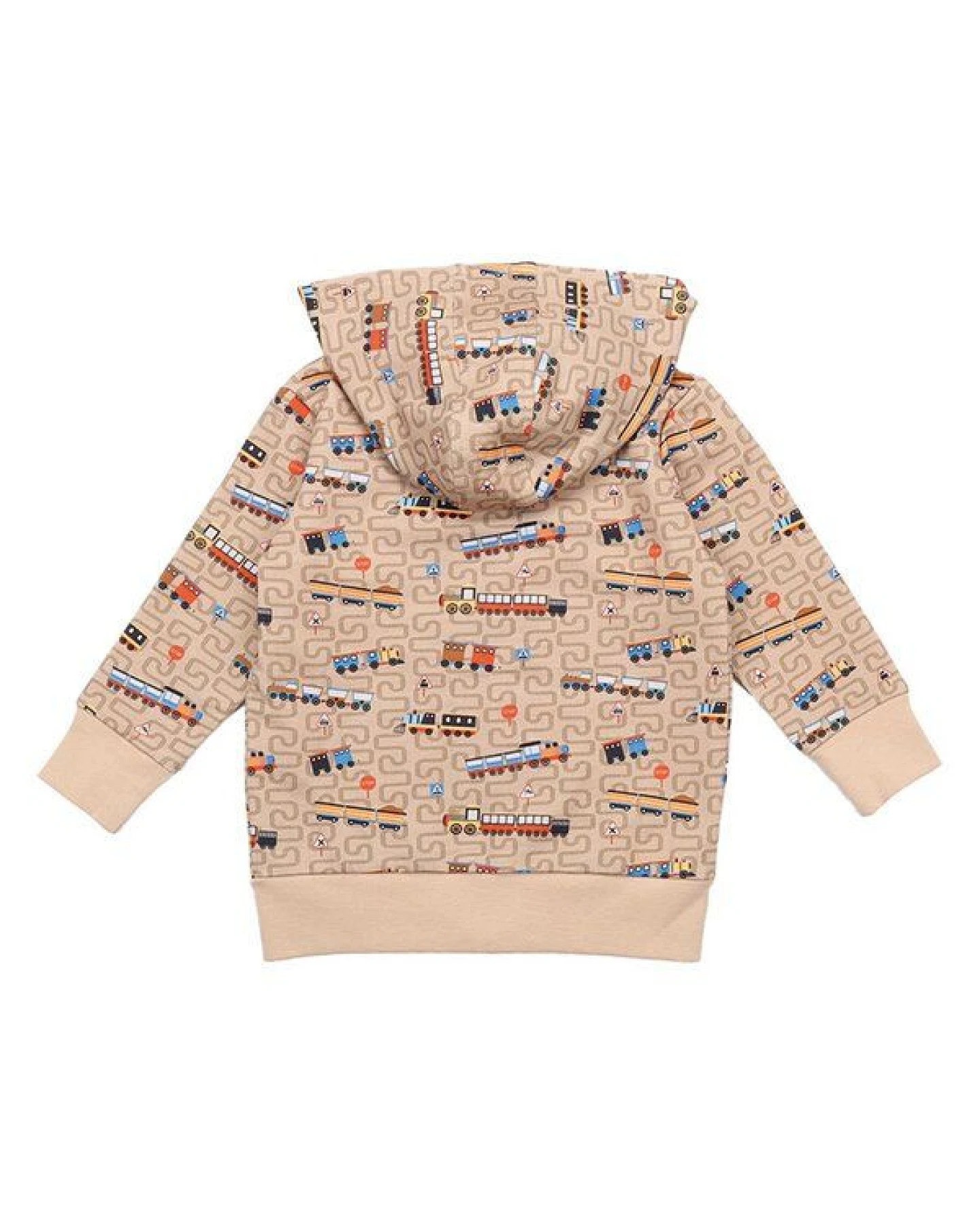 Kinder Sweatjacke GOTS zertifiziert, braun, Zug-Allover „Tiny Trains“, Reißverschluss, weich – Walkiddy – Ansicht 3