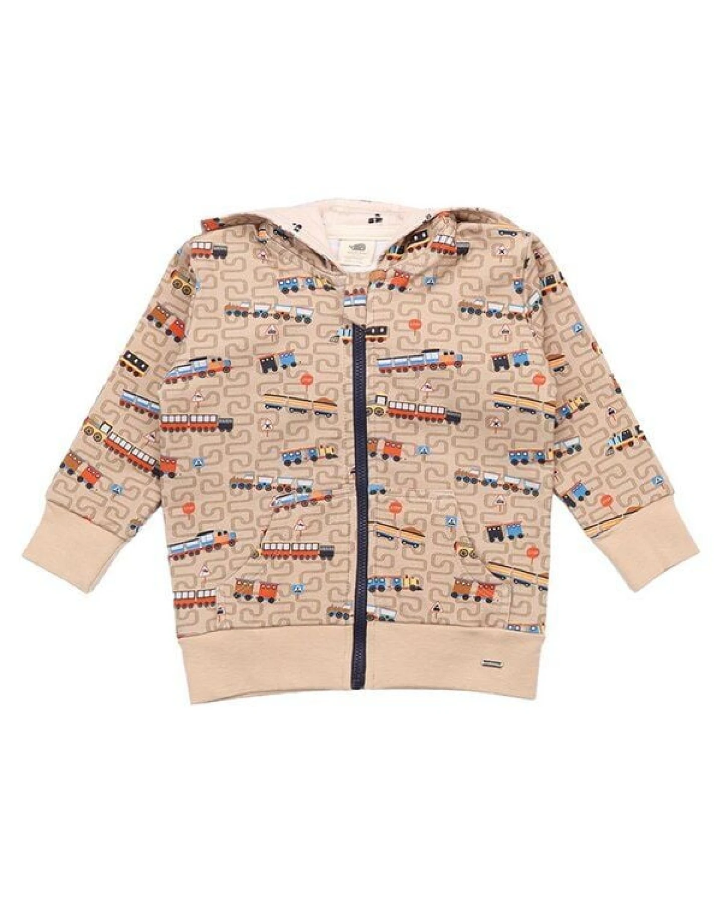 Kinder Sweatjacke GOTS zertifiziert, braun, Zug-Allover „Tiny Trains“, Reißverschluss, weich – Walkiddy – Ansicht 4