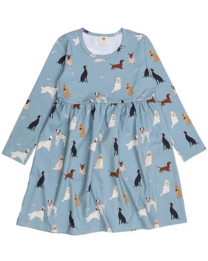 Kinder Kleid GOTS zertifiziert – Hellblau mit Hundemotiven, Langarm, weich & bequem