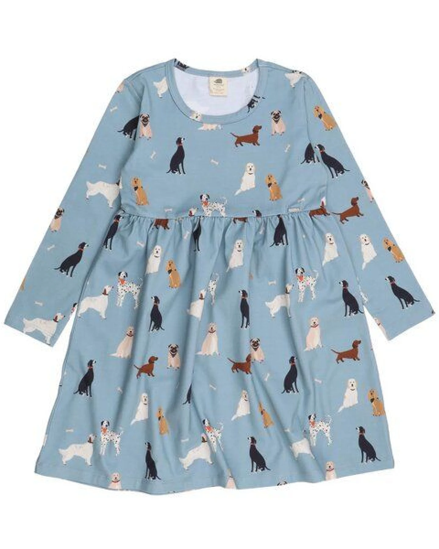 Kinder Kleid GOTS zertifiziert – Hellblau mit Hundemotiven, Langarm, weich & bequem – Ansicht 2