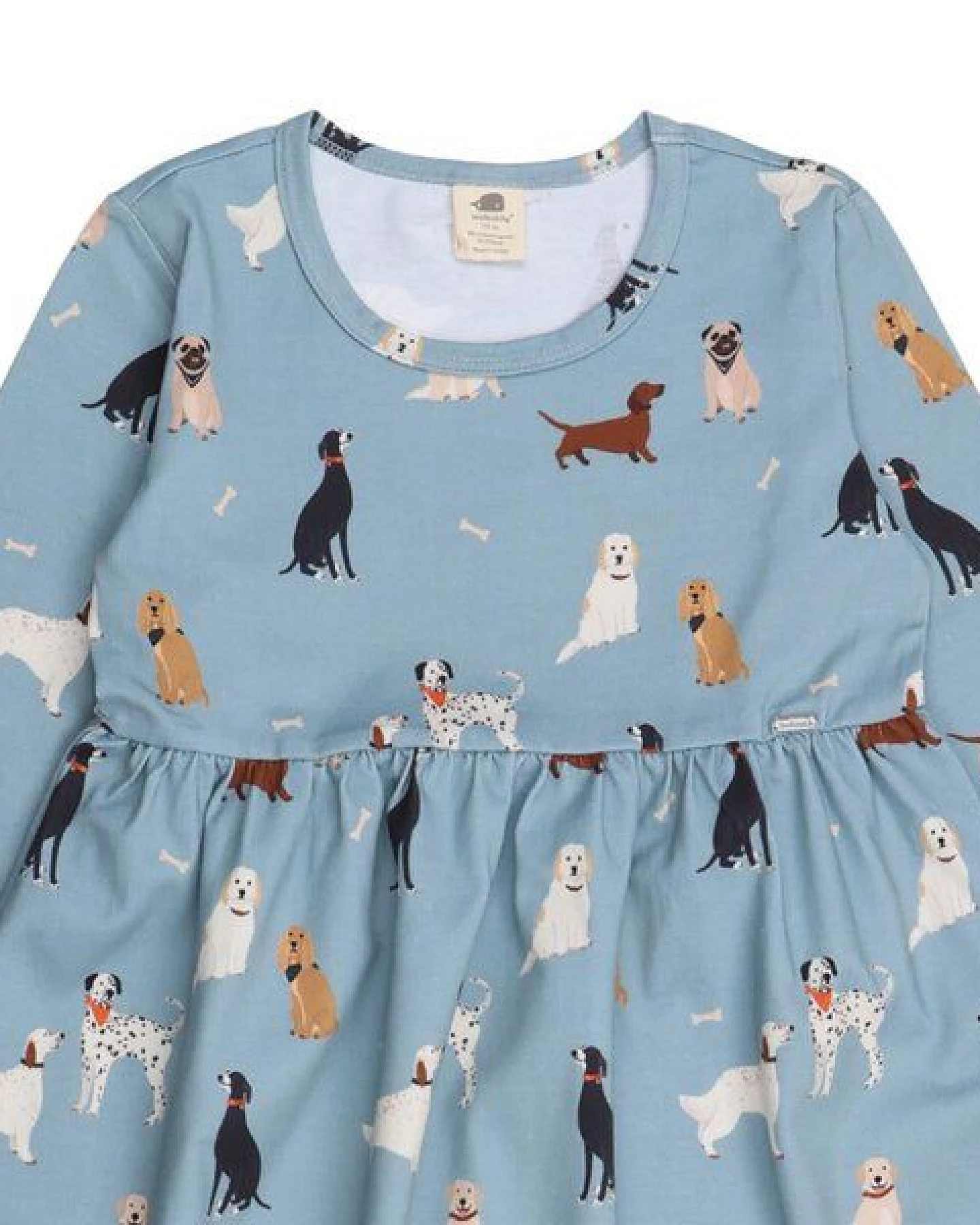 Kinder Kleid GOTS zertifiziert – Hellblau mit Hundemotiven, Langarm, weich & bequem – Ansicht 4