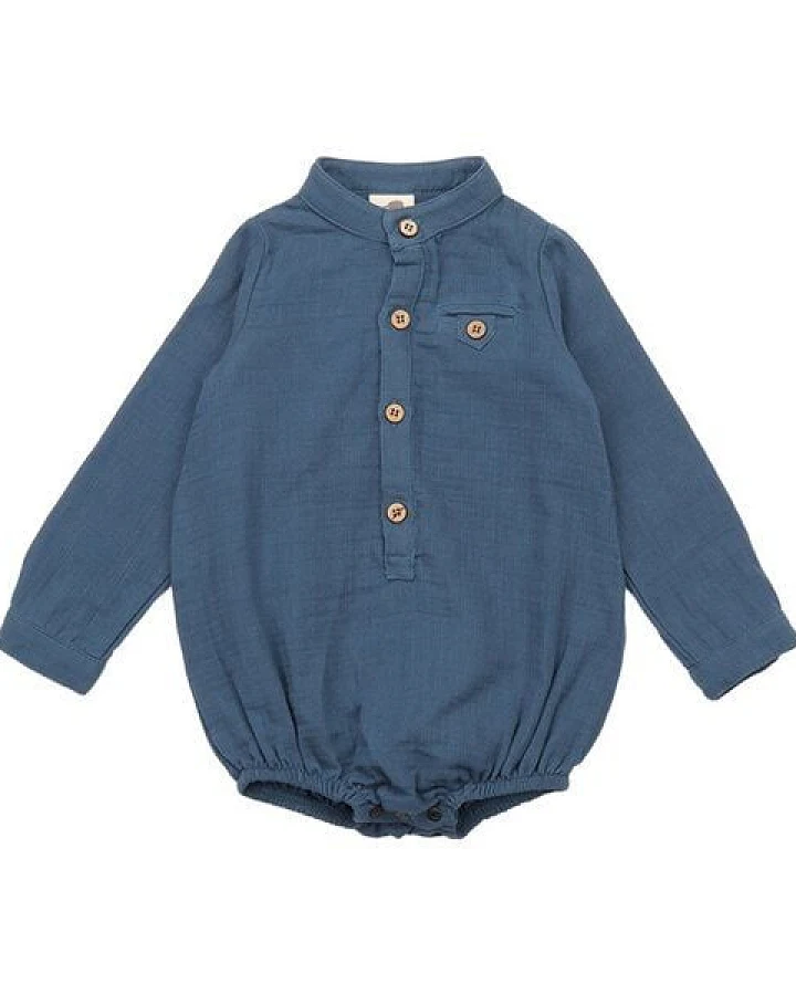Baby Musselin-Body GOTS zertifiziert – Dunkelblau, Langarm mit Knopfleiste, weich & bequem