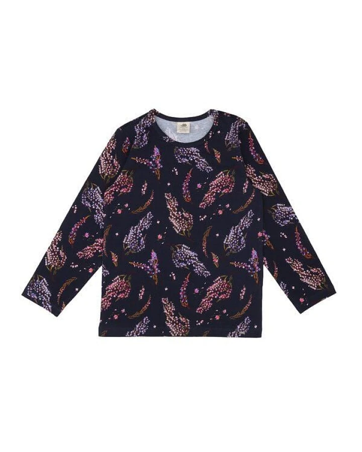 Kinder Langarmshirt GOTS-zertifiziert aus Bio-Baumwolle, blau mit Heideblüten-Muster – Walkiddy, weich & hautfreundlich für jeden Tag