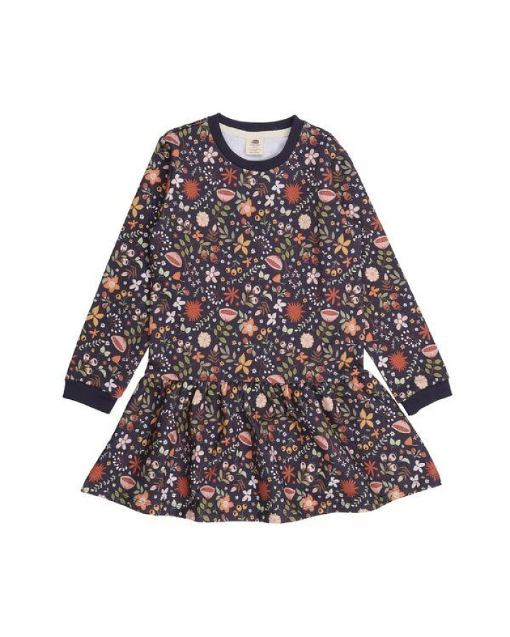Walkiddy - Fancy Flowers Sweat Kleid Grau, Öko-Fair-Trade, GOTS-Zertifizierte Bio-Baumwolle, Mädchen-Kleid