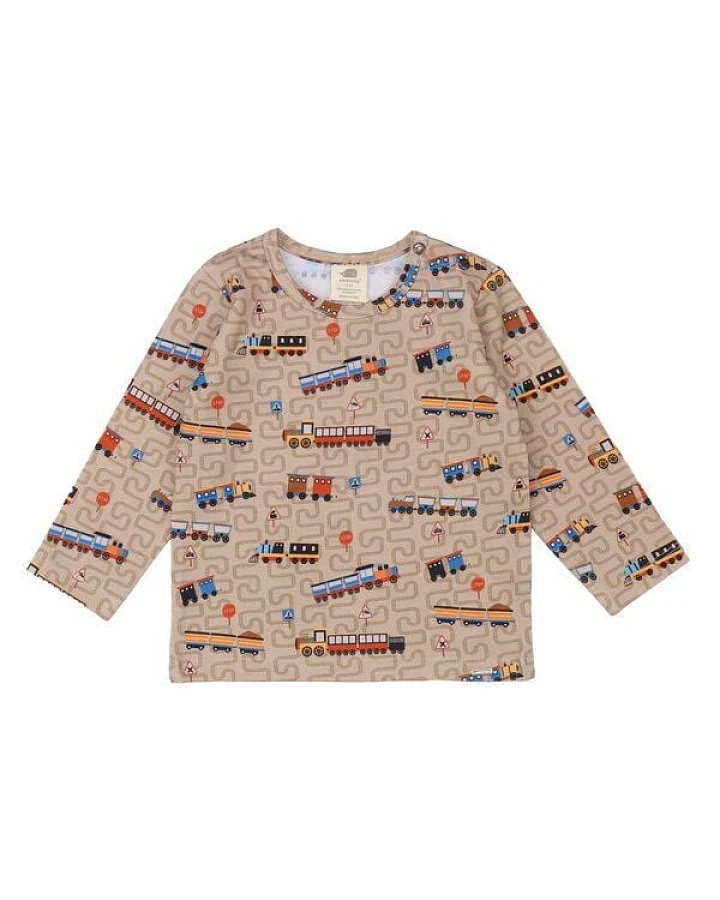 Kinder Langarmshirt GOTS zertifiziert, Bio-Baumwolle, braun, „Tiny Trains“, Zug-Muster, weich – Walkiddy
