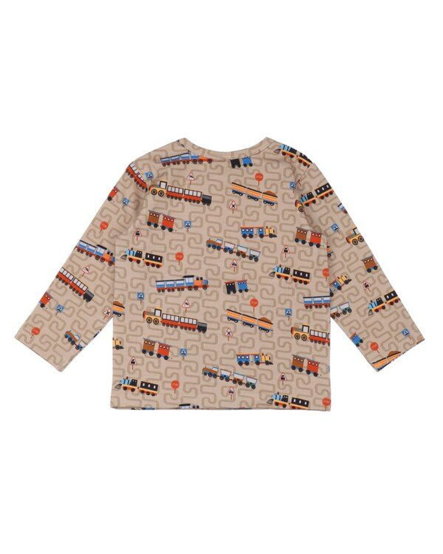 Kinder Langarmshirt GOTS zertifiziert, Bio-Baumwolle, braun, „Tiny Trains“, Zug-Muster, weich – Walkiddy – Ansicht 3