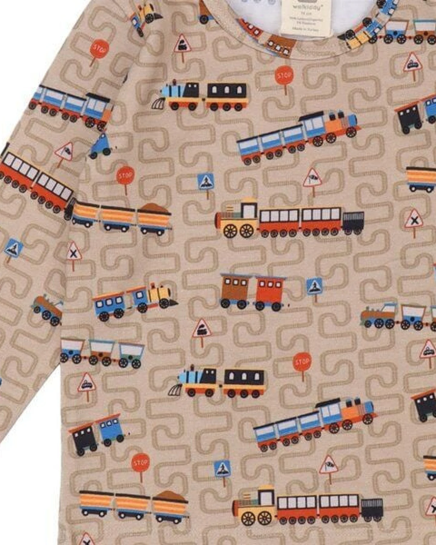 Kinder Langarmshirt GOTS zertifiziert, Bio-Baumwolle, braun, „Tiny Trains“, Zug-Muster, weich – Walkiddy – Ansicht 4