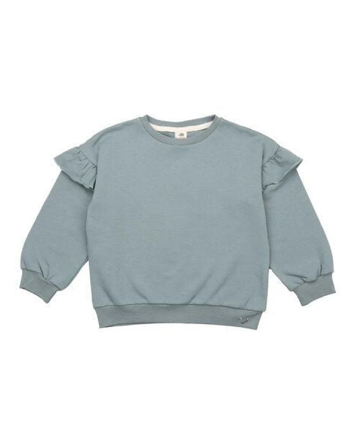 Kinder Sweatshirt GOTS zertifiziert – Graugrün mit Rüschen, weich & bequem