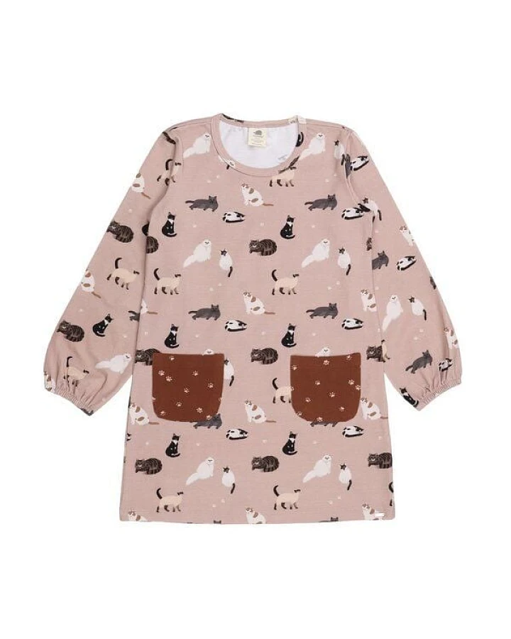 Kinder Kleid GOTS zertifiziert Bio-Baumwolle, Altrosa, Katzen-Muster, Walkiddy