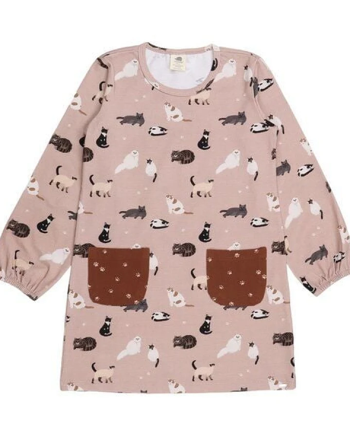 Kinder Kleid GOTS zertifiziert Bio-Baumwolle, Altrosa, Katzen-Muster, Walkiddy