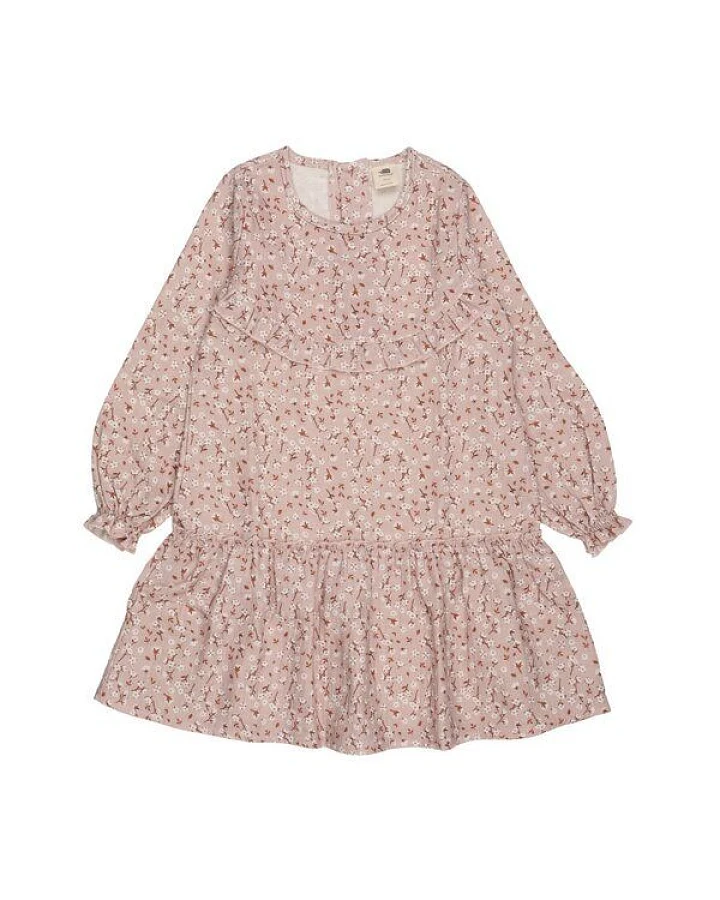 Kinder Kleid GOTS-zertifiziert aus Bio-Baumwolle, rosa mit feinem Muster, Rüschenrock & langen Ärmeln – Walkiddy Pink Frill Dress, weich & bequem