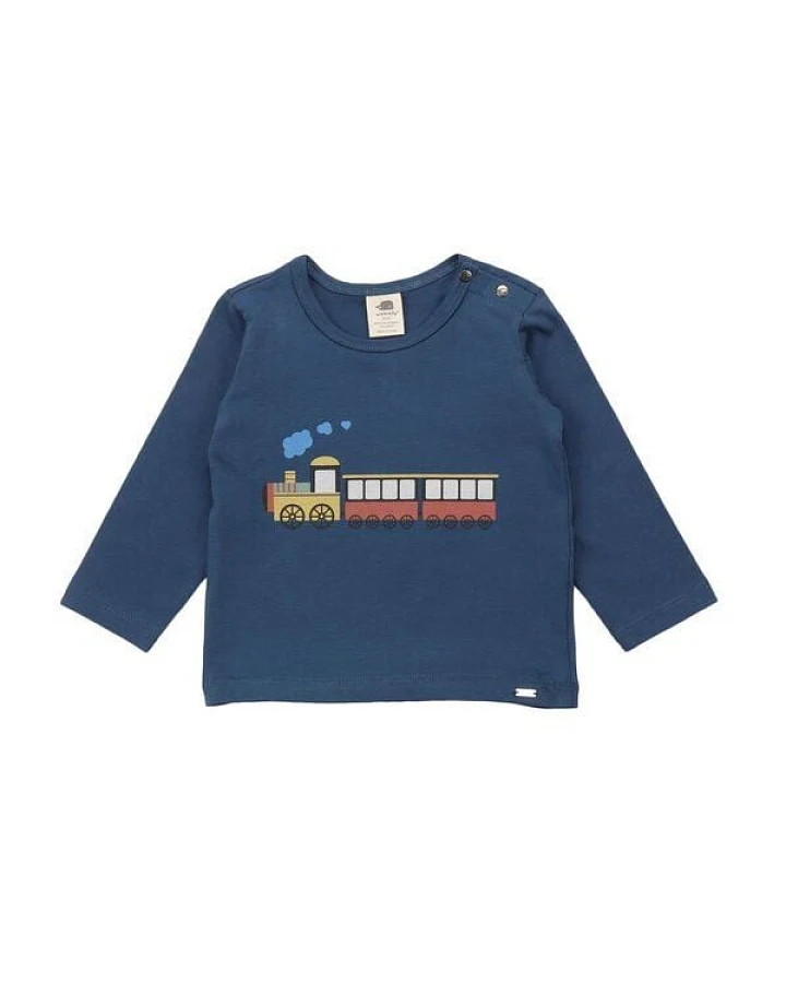 Kinder Langarmshirt GOTS zertifiziert, blau, „Tiny Trains“ Zug-Print, Bio-Baumwolle, weich – Walkiddy