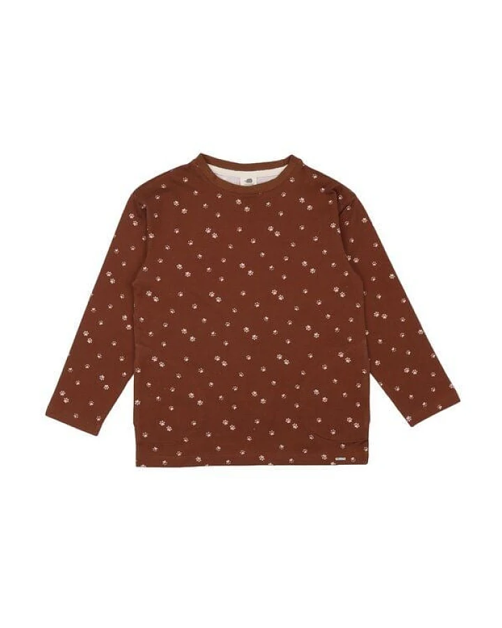 Kinder Langarmshirt GOTS-zertifiziert aus Bio-Baumwolle braun mit Pfoten-Muster – Walkiddy