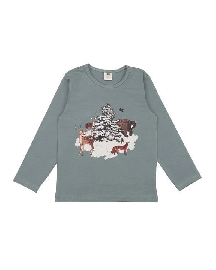 Kinder Langarmshirt GOTS zertifiziert Bio-Baumwolle, Graugrün, Waldmotiv, Walkiddy
