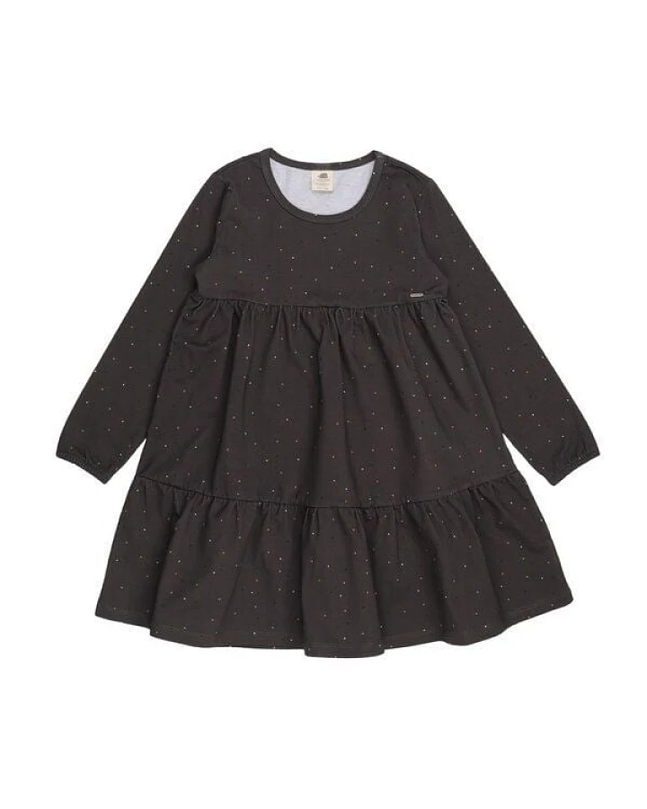 Mädchen Kleid GOTS-zertifiziert aus Bio-Baumwolle, grau mit bunten Punkten, Volantrock, langarm – Walkiddy