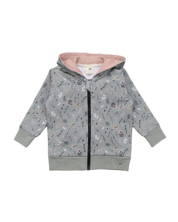 Kinder Kapuzenjacke GOTS zertifiziert, grau, „Tiny Flowers“, Reißverschluss, Bio-Baumwolle, weich – Walkiddy