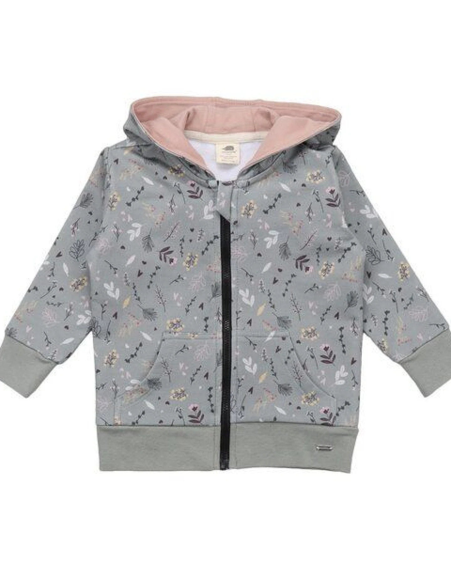 Kinder Kapuzenjacke GOTS zertifiziert, grau, „Tiny Flowers“, Reißverschluss, Bio-Baumwolle, weich – Walkiddy – Ansicht 2