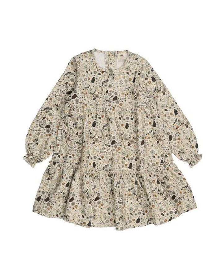 Walkiddy Bio-Baumwolle Frill Dress - Herbstblumenmuster - Grün - GOTS-Zertifiziert