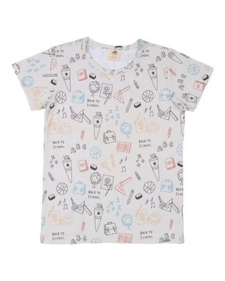 Kinder T-Shirt GOTS zertifiziert, weiß, „Schulanfang“ Allover, Bio-Baumwolle, weich – Walkiddy