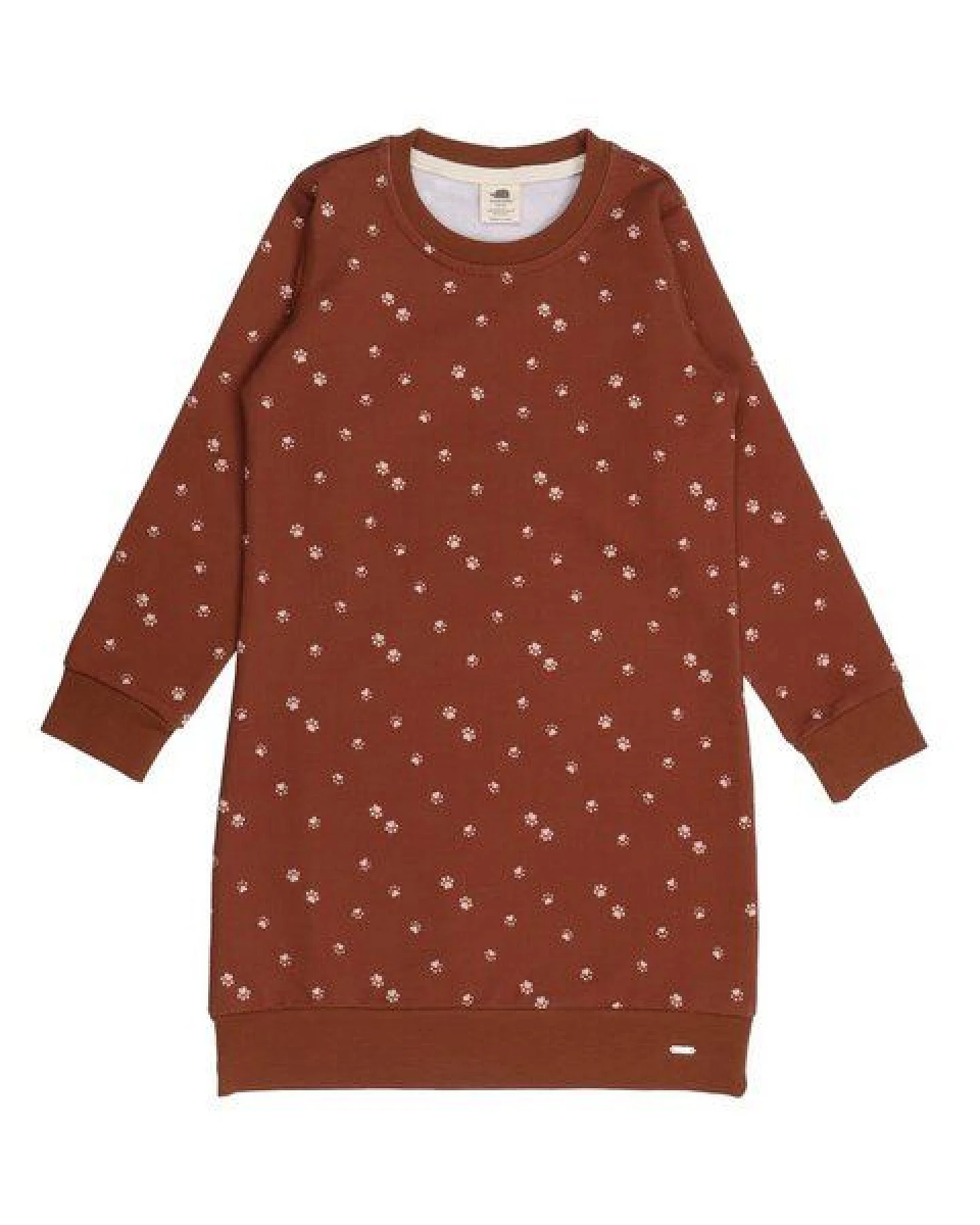 Kinder Kleid GOTS zertifiziert – Bio-Baumwolle, Braun mit Pfotenmuster, Langarm, weich & bequem, alltagstauglich – Ansicht 2