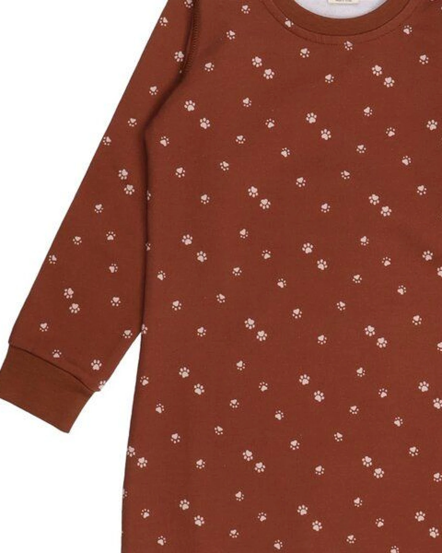 Kinder Kleid GOTS zertifiziert – Bio-Baumwolle, Braun mit Pfotenmuster, Langarm, weich & bequem, alltagstauglich – Ansicht 4