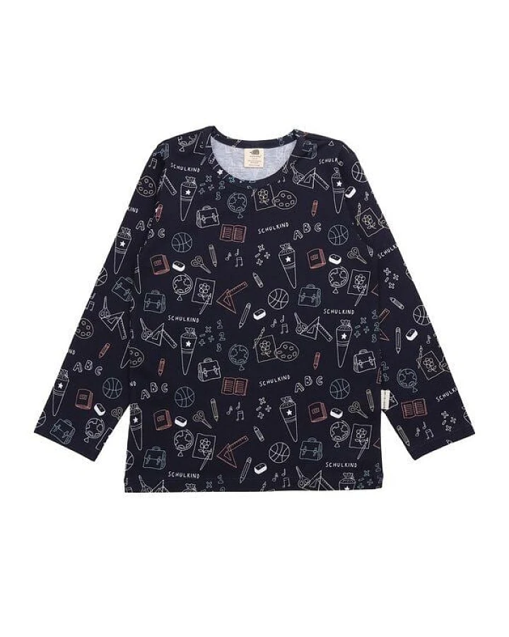 Kinder Langarmshirt GOTS zertifiziert, dunkelblau, „Schulanfang“ Allover, Bio-Baumwolle, weich – Walkiddy