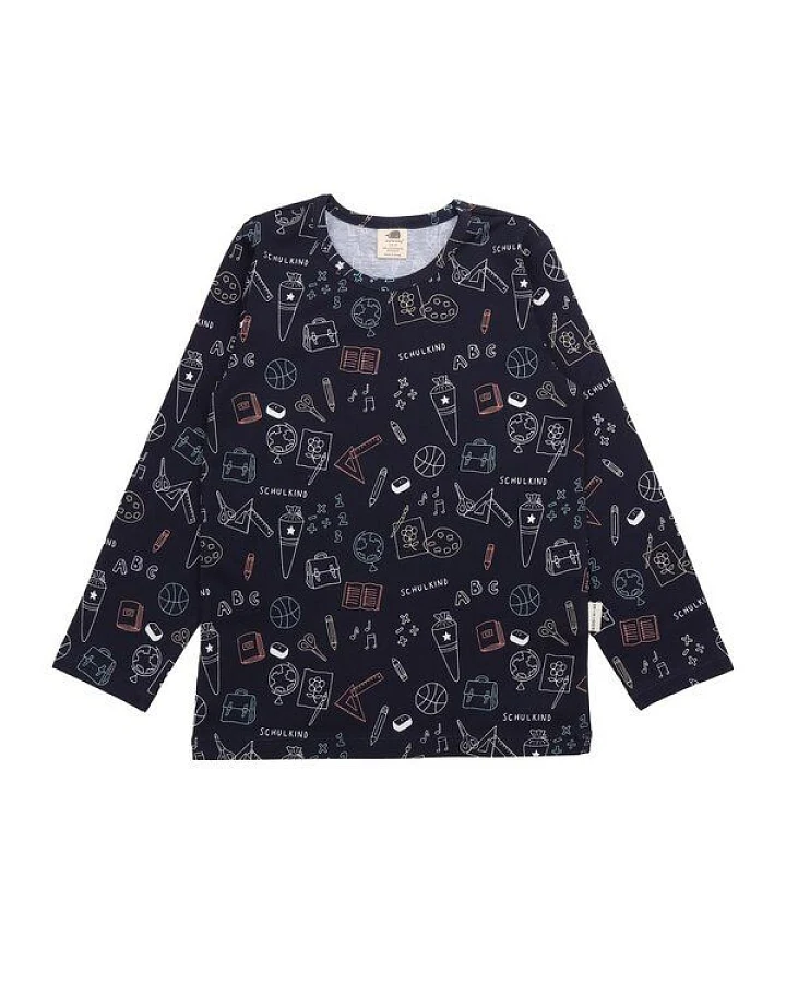 Kinder Langarmshirt GOTS zertifiziert, dunkelblau, „Schulanfang“ Allover, Bio-Baumwolle, weich – Walkiddy