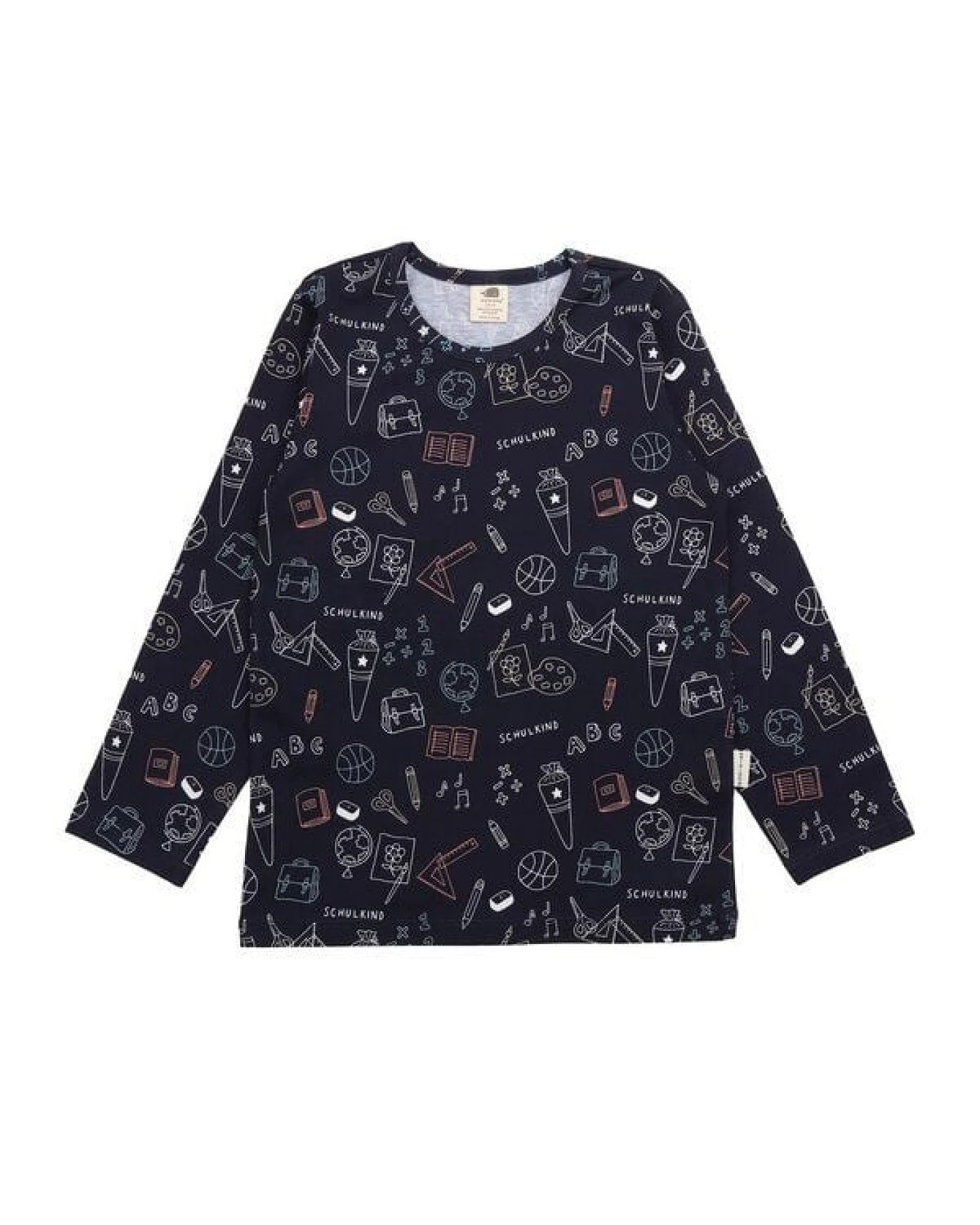 Kinder Langarmshirt GOTS zertifiziert, dunkelblau, „Schulanfang“ Allover, Bio-Baumwolle, weich – Walkiddy – Ansicht 2