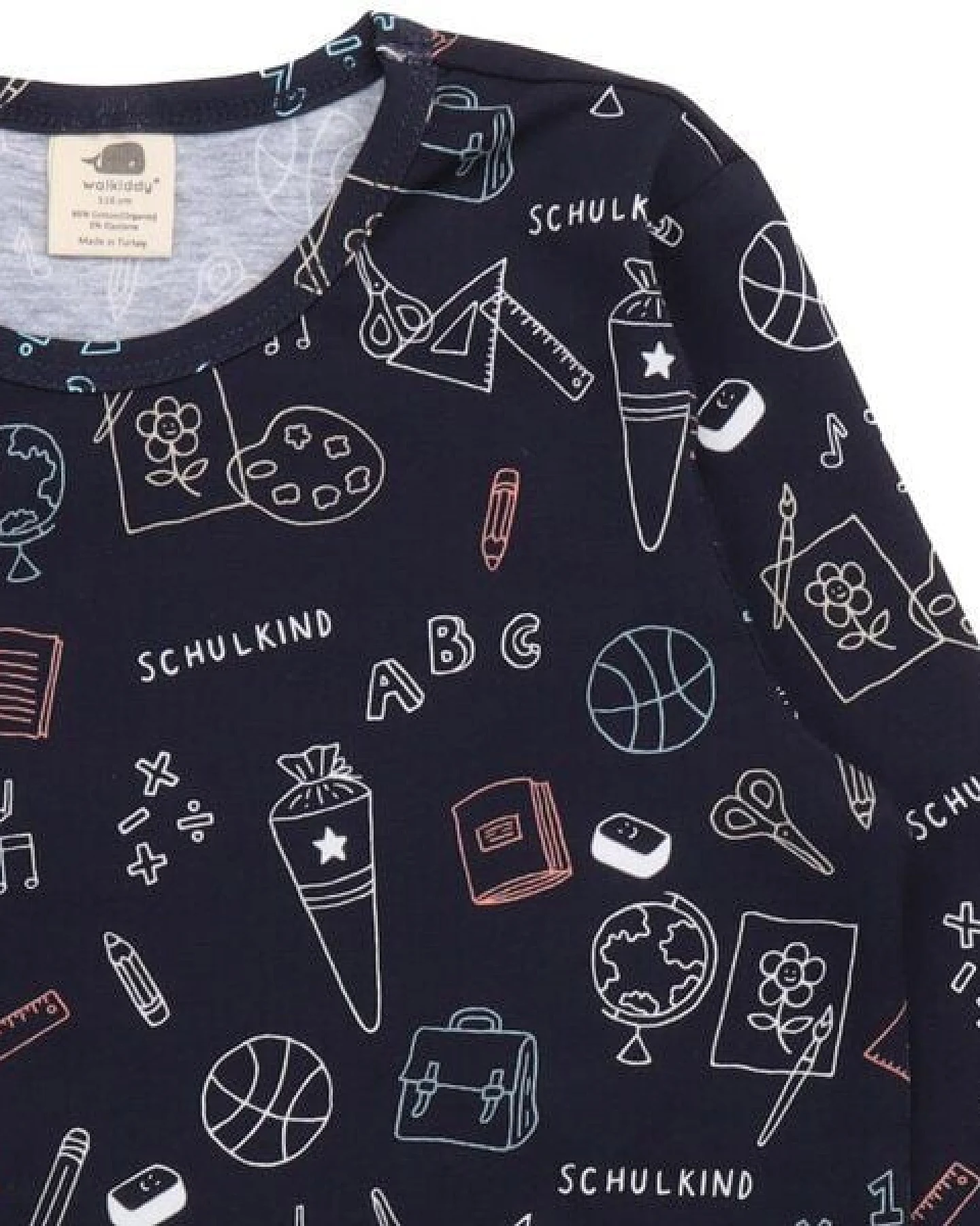 Kinder Langarmshirt GOTS zertifiziert, dunkelblau, „Schulanfang“ Allover, Bio-Baumwolle, weich – Walkiddy – Ansicht 4