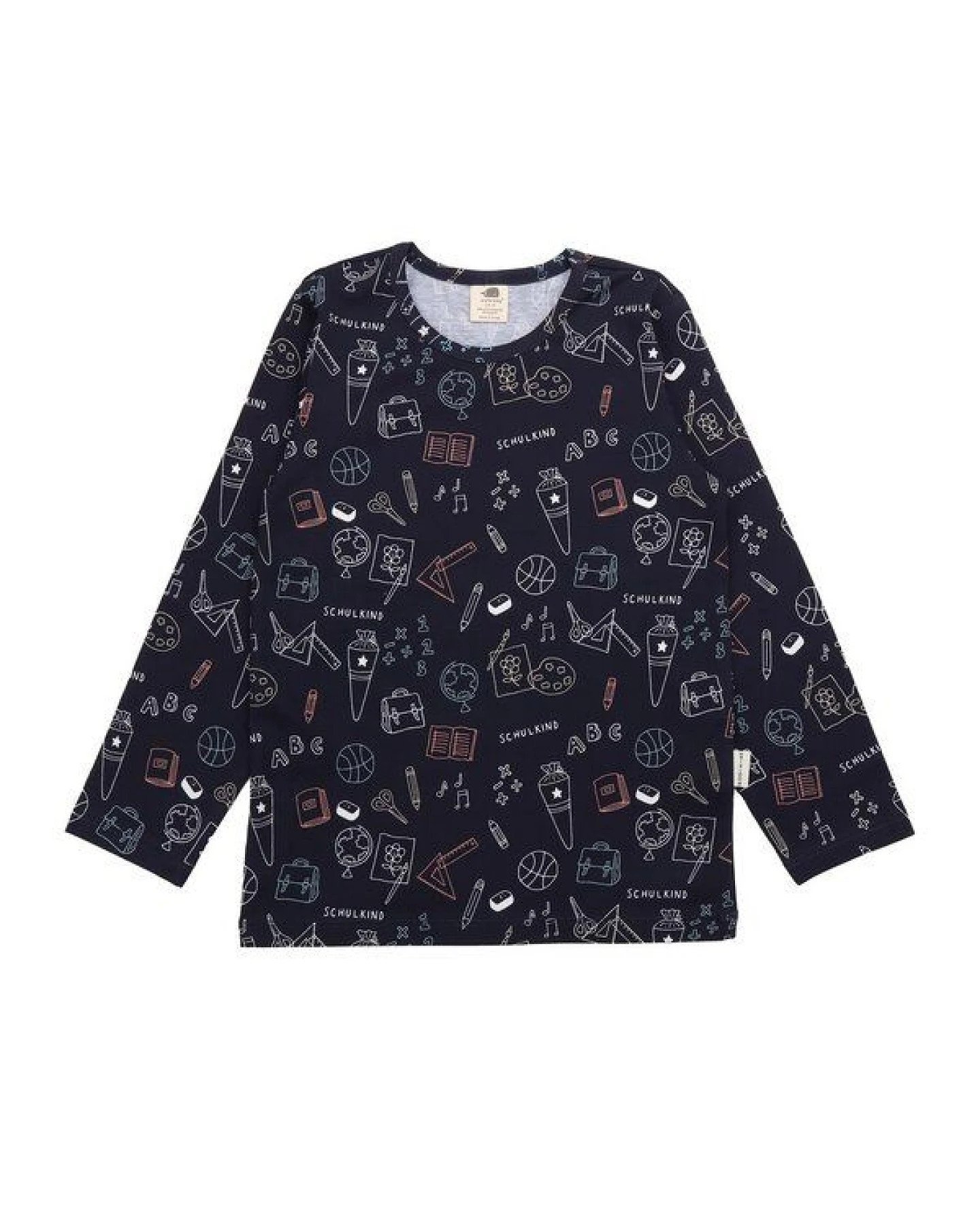 Kinder Langarmshirt GOTS zertifiziert, dunkelblau, „Schulanfang“ Allover, Bio-Baumwolle, weich – Walkiddy – Ansicht 2