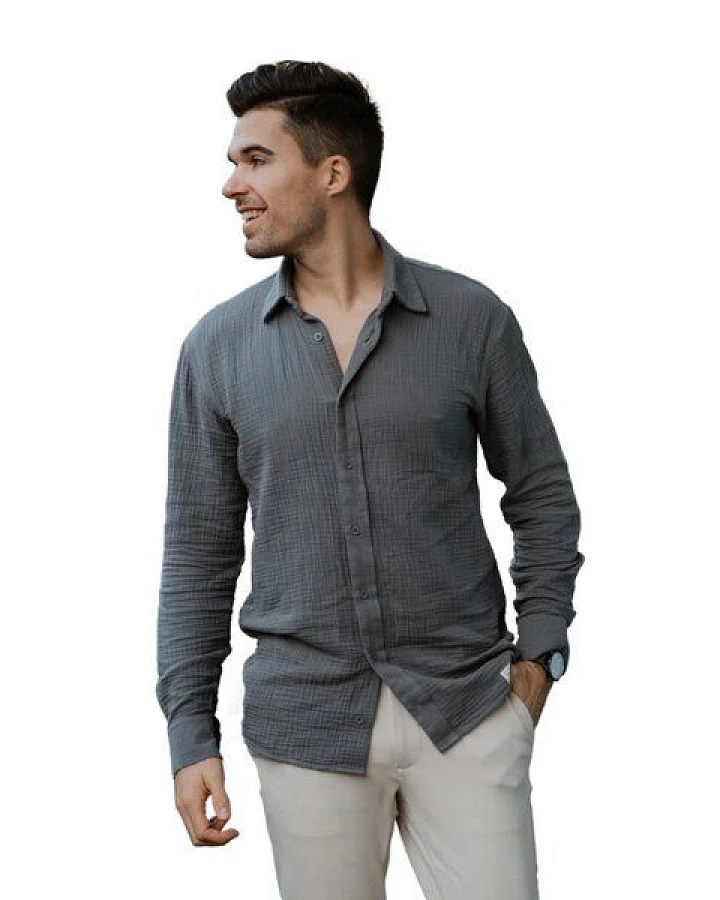 Hutch&Putch Langarm Musselin Herrenhemd - Business Casual Freizeit - aus 100% Bio-Baumwolle