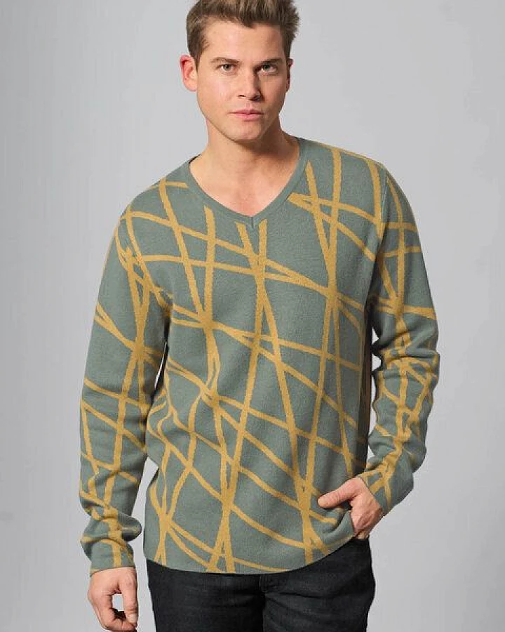 HempAge V-Kragen Pullover mit Muster Hanf/Biobaumwolle