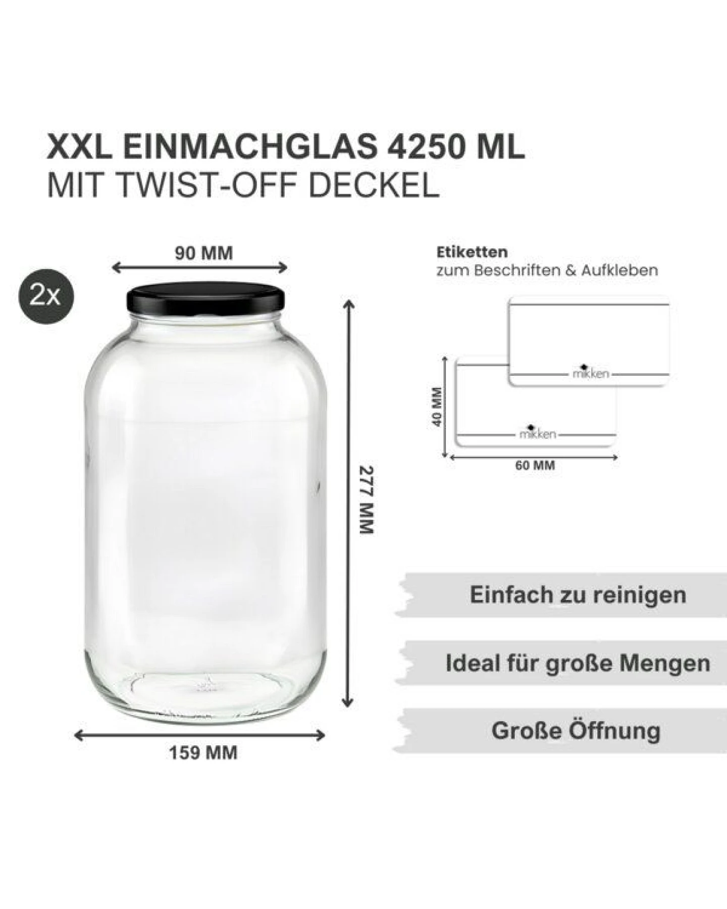 mikken 2 große Einmachgläser 4250 ml mit schwarzem Deckel (TO100) – Ansicht 2