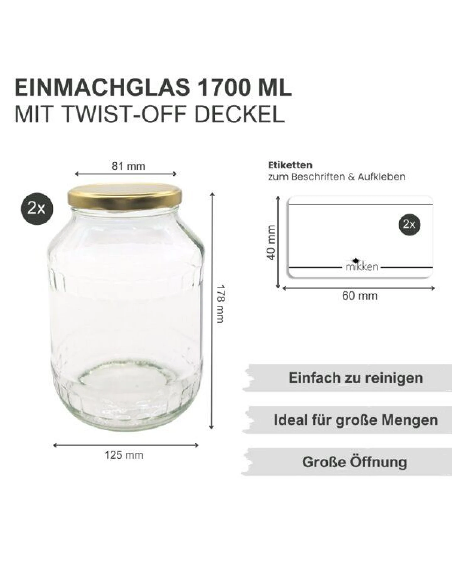 mikken Große Einmachgläser 1700 ml mit Deckel Gold (TO89) – Ansicht 2