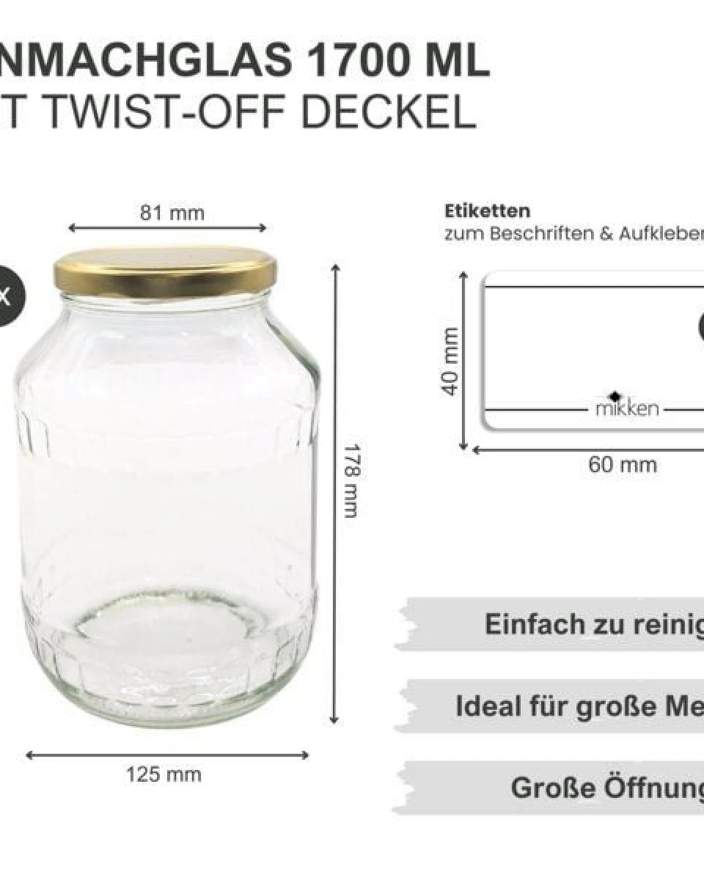 mikken Große Einmachgläser 1700 ml mit Deckel Gold (TO89) – Ansicht 2