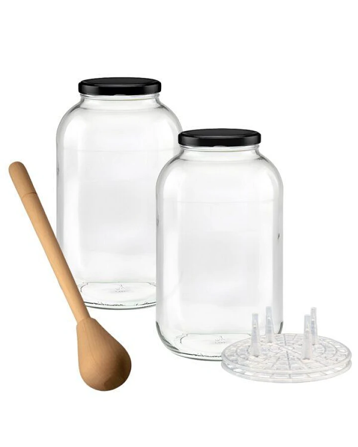 mikken Fermentier Starter Set - XXL Gläser 4,25 Liter mit Fermentier Gitter, Holzstampfer und Deckel