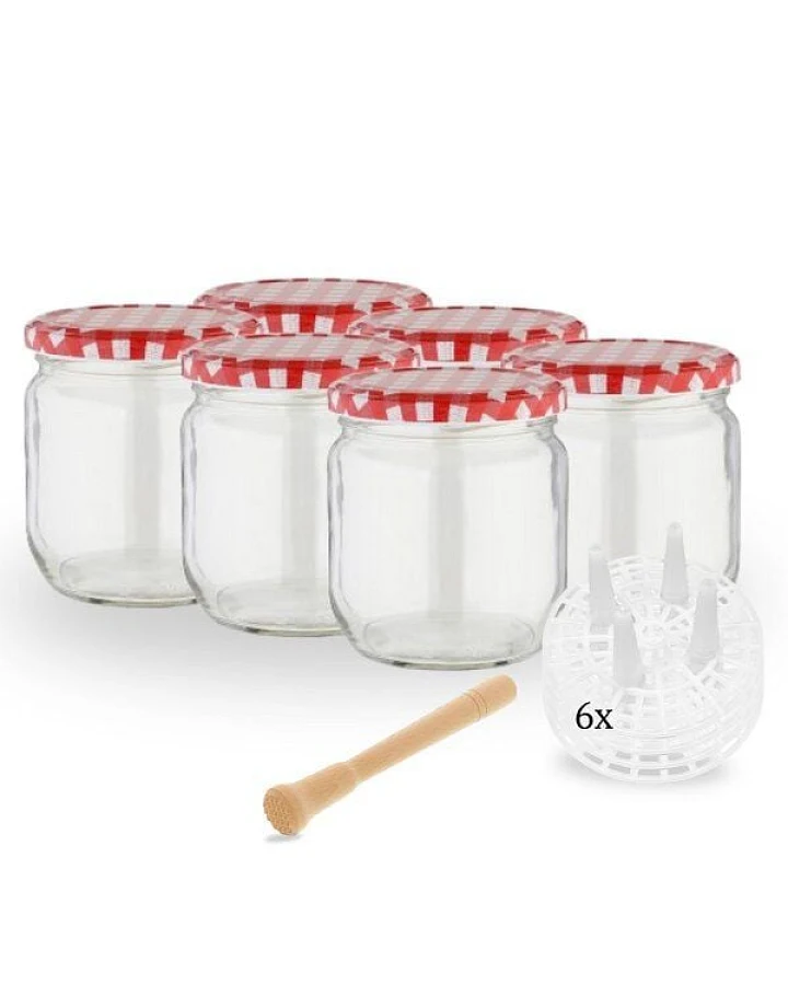 mikken Fermentier Starter Set - 6 Fermentiergläser 425 ml mit Fermentier Gitter, Holzstößel und Deckel