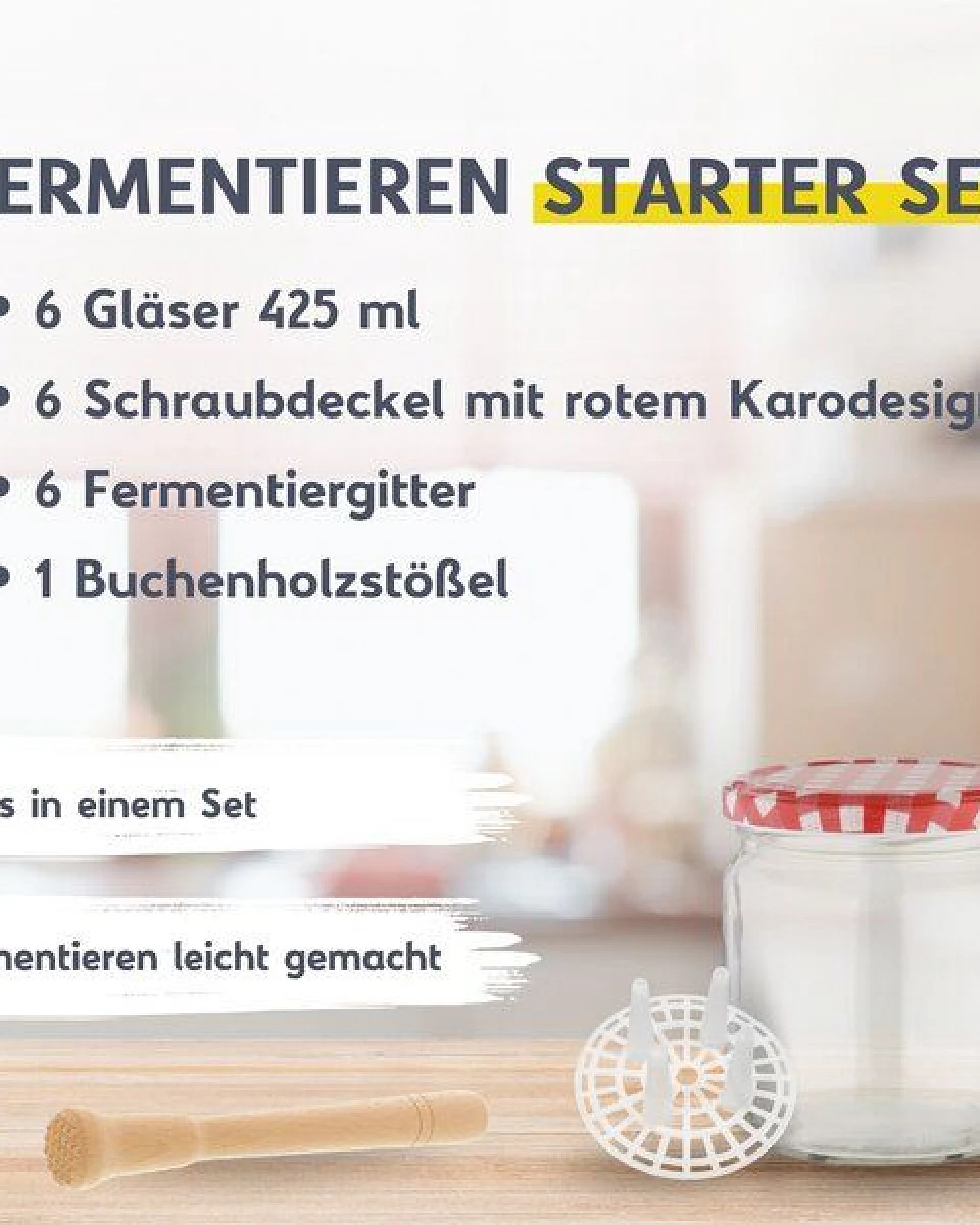 mikken Fermentier Starter Set - 6 Fermentiergläser 425 ml mit Fermentier Gitter, Holzstößel und Deckel – Ansicht 2
