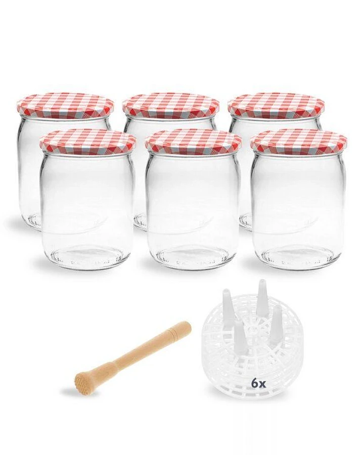 mikken Fermentier Starter Set - 6 Fermentiergläser 540 ml mit Fermentier Gitter, Holzstößel und Deckel