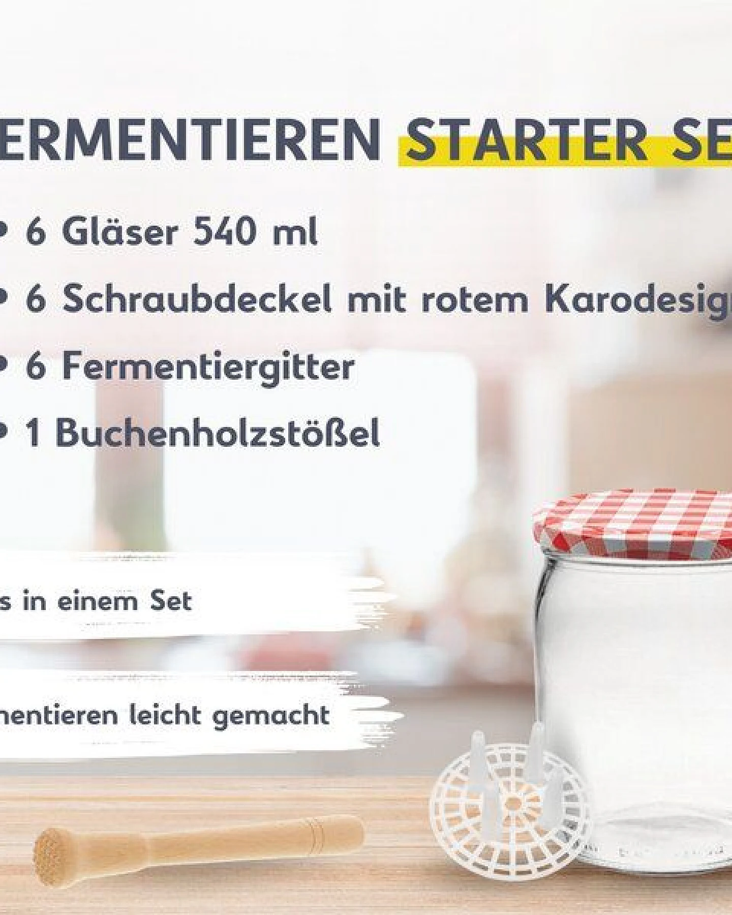 mikken Fermentier Starter Set - 6 Fermentiergläser 540 ml mit Fermentier Gitter, Holzstößel und Deckel – Ansicht 2
