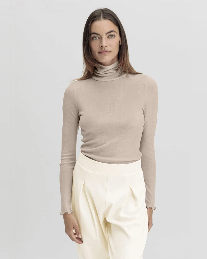 hessnatur Damen Longsleeve mit Rollkragen WARM TOUCH aus Bio-Merinowolle und TENCEL™ Lyocell - beige - Größe 34