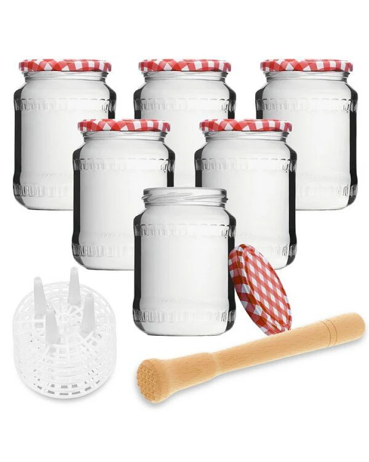 mikken Fermentier Starter Set - 6 Fermentiergläser 720 ml mit Fermentier Gitter, Holzstößel und Deckel