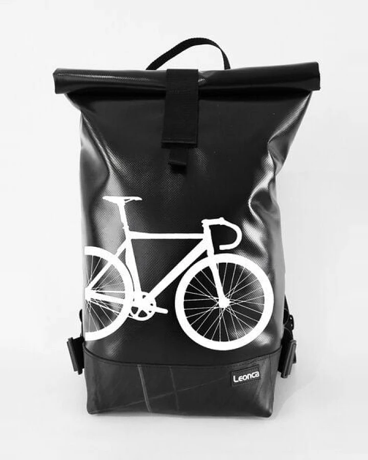Leonca Rollrucksack aus LKW-Plane in 11 Farben/3 Größen mit Rennrad-Druck